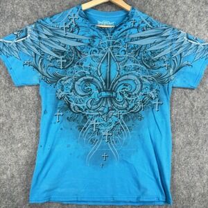 MMA Elite Shirt Mens Medium Blue Fleur De Lis Cross Allover Graphic Tee Tattoo